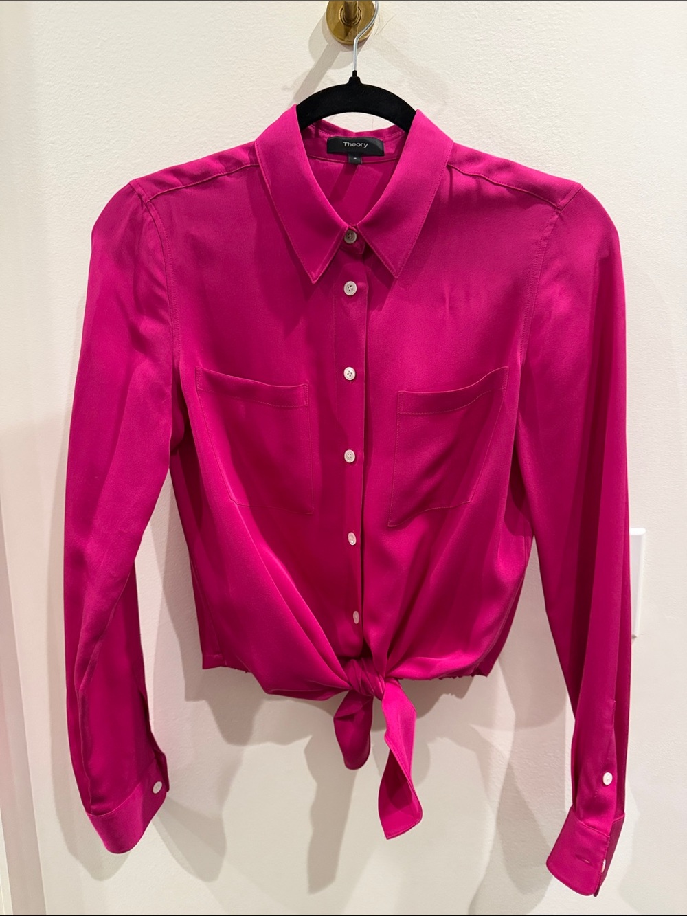 Theory Fuchsia Silk Tie-Front Button-Down Shirt